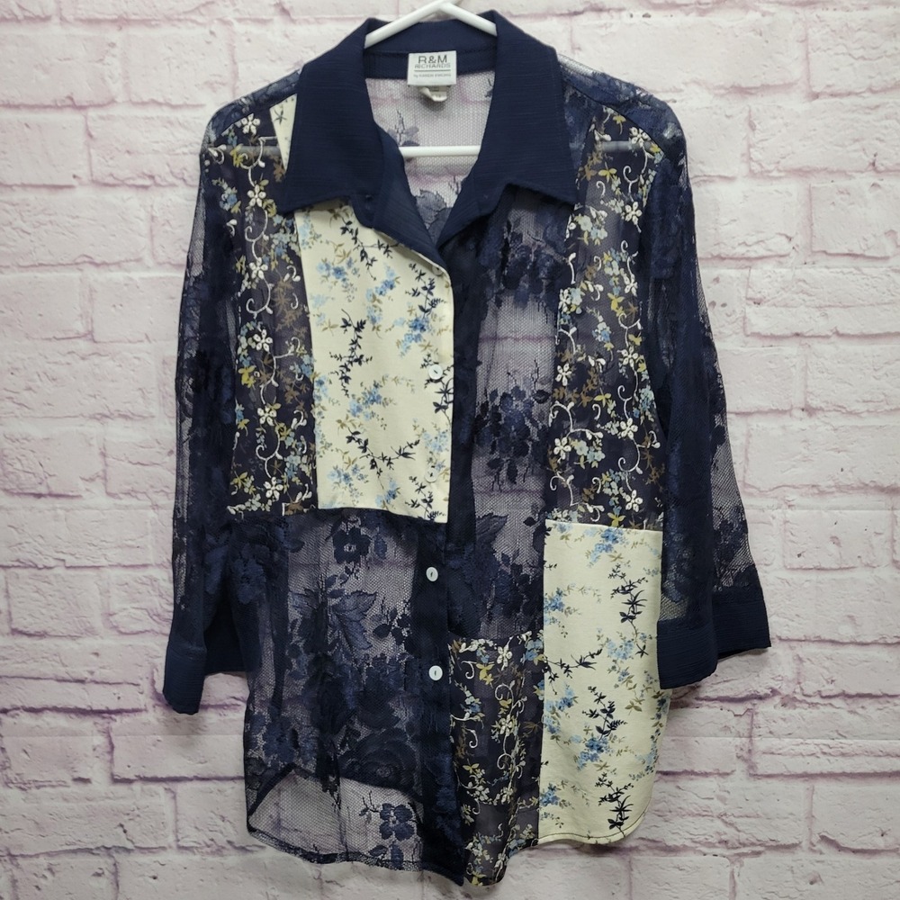 R&M Richards Sheer Floral Lace Button Top Womens 18 Patchwork Cottage Mature